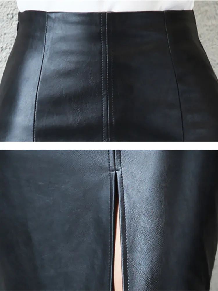 Black High Waist Faux Leather  Pencil Skirt/ split