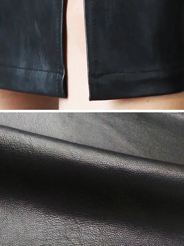 Black High Waist Faux Leather  Pencil Skirt/ split