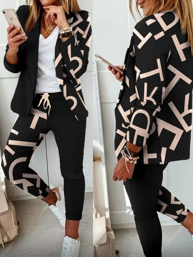 Womens 2 Piece Geo Print Collar Blazer & Pants Set