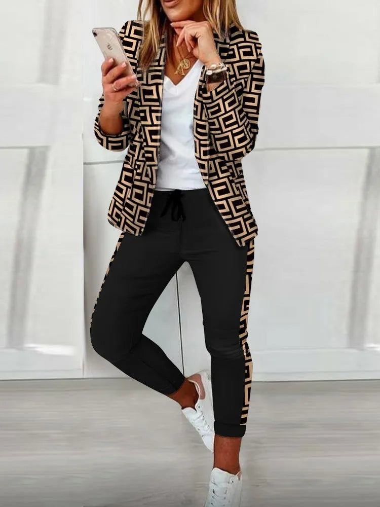 Womens 2 Piece Geo Print Collar Blazer & Pants Set