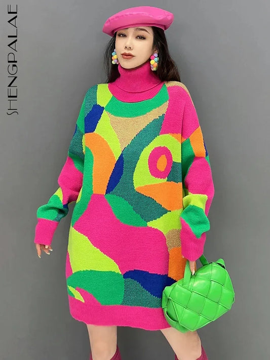 Turtleneck Sweater with Contrast Colors Sweater Dress