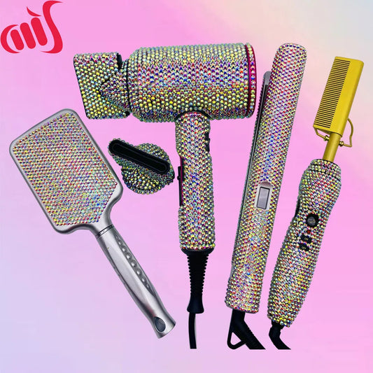 4 Piece Crystal Hair Pressing Hot Comb, Hair Blow Dryer, and flat iron Set .