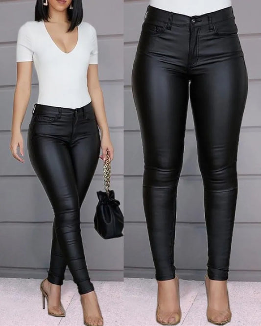 Women PU Leather Pants Black Stretch Bodycon Trousers