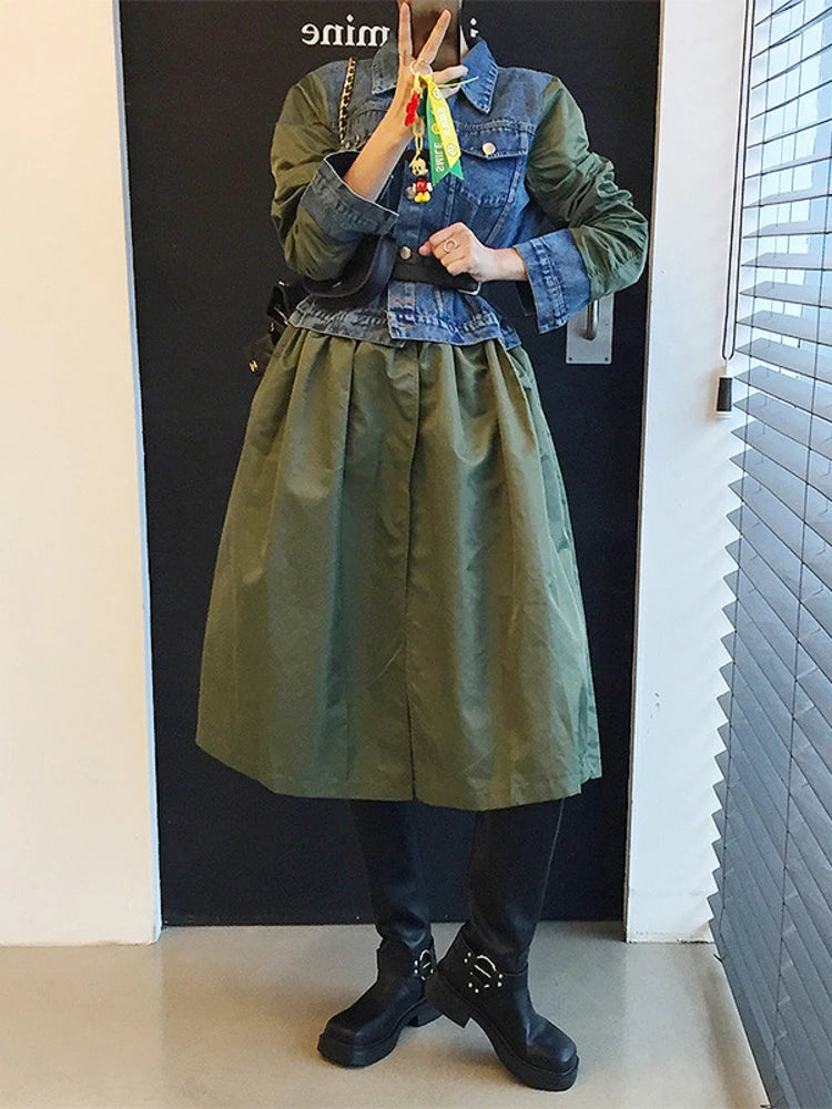 [EWQ] European Trend Women's Clothing Contrasting Color Patchwork Denim High Slit Long Dress Army Green Robe 2023 Autumn 16O050