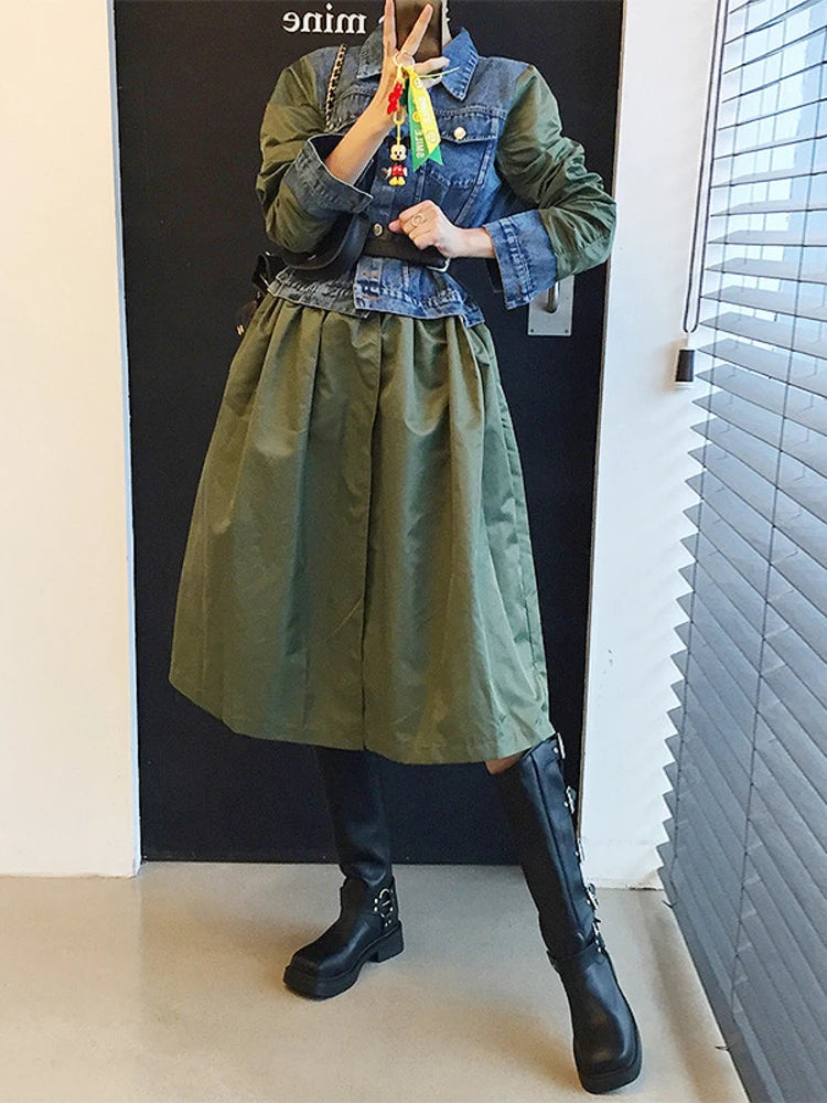 [EWQ] European Trend Women's Clothing Contrasting Color Patchwork Denim High Slit Long Dress Army Green Robe 2023 Autumn 16O050
